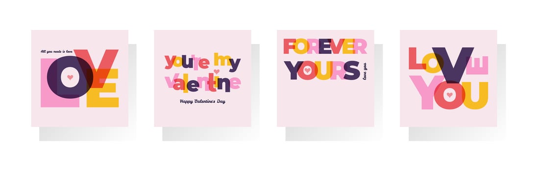 Happy Valentines Day poster set with heart and contemporary typography. Modern simple abstract template. Flat design of advertising templates, banner, cover, label, flyer, card vector