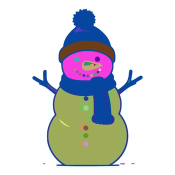 The snowman has a blue hat with a brown band around it. There is a green snowman with a blue scarf around its neck. There are green dots on the snowman's neck. vector