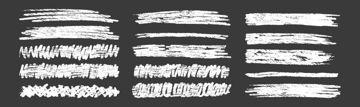 Set of chalk highlight and texture emphasis. Crayon scribbles and zigzags on a black background. Handwriting illustration. vector