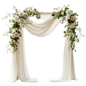 Beautiful wedding arch adorned with spring flowers and transparent fabric, perfect for outdoor ceremonies, Draped wedding arch with spring flowers and transparent fabric isolated on transparent background png