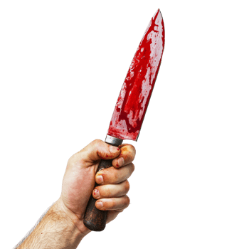 A hand gripping a bloodied knife against a plain transparent background emphasizing tension and danger in a surreal context, Hand Holding Bloody Knife on transparent background png
