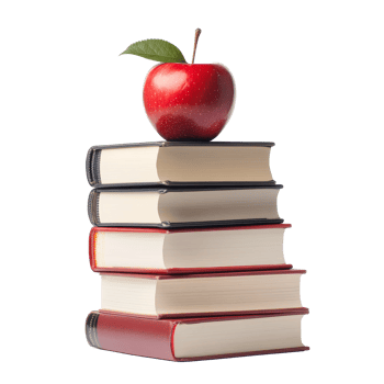 A stack of elementary books topped with a red apple isolated on a clean transparent background for educational themes, Elementary Book Stack with Apple Isolated on transparent Background Student life concept png