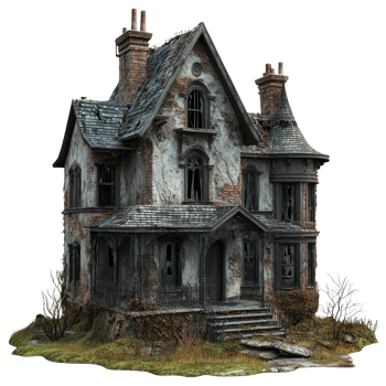 Haunted abandoned mansion perfect for Halloween decorations in a spooky setting, abandoned dilapidated house mansion for halloween, file of isolated object on transparent background png