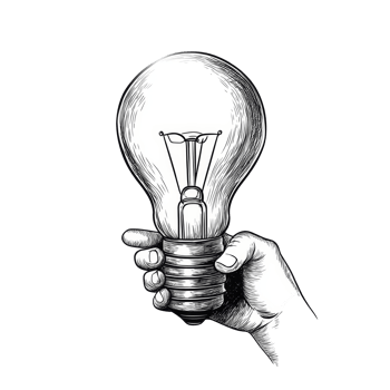 A glowing light bulb held in a hand drawn style showcasing creativity and illumination in a minimalistic design, glowing light bulb in hand drawn style isolated on transparent background png