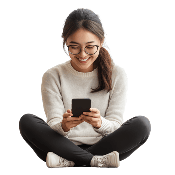 A woman joyfully sits on the floor, engaged with her smartphone while embracing the simplicity of the moment, woman sits on the floor and joyfully watching smart phone on transparent background png
