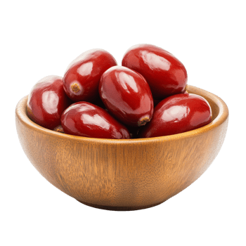 Fresh jujube fruits in a wooden bowl on a transparent background for healthy snacking choices, Jujube in wood bowl isolated on transparent background png