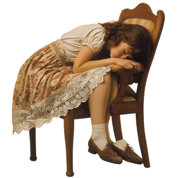 Young woman peacefully falling asleep on a chair, dressed in a vintage floral outfit in a serene indoor setting, Young woman falling asleep on a chair file no background png