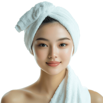 Asian woman with towel on head posing against a bright background in a serene moment, Asian Woman with Towel Wrapped Around Head Isolated on transparent background png