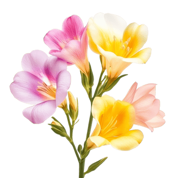 Vibrant freesia flowers in various colors isolated on a bright transparent background creating an elegant floral display, vibrant freesia in style, isolated on a transparent background for design layouts png