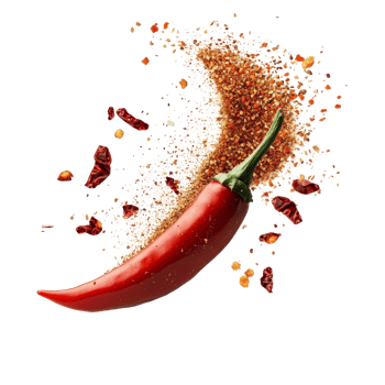 Chili powder and flakes erupting from vibrant red chili pepper against a clean transparent backdrop, Chili powder and flakes burst out from red chili pepper Stock Photo png