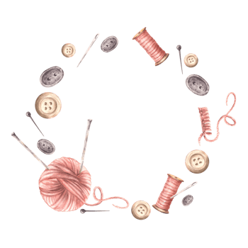 Buttons, a pink yarn ball with knitting needles, thread spool and sewing pins circle frame. Needlework, handicrafts round label template. Watercolor hand drawn illustration isolated from background png