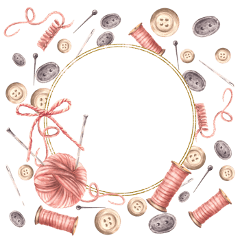 Buttons, pink yarn ball with knitting needles, thread spool and sewing pins circle golden frame. Needlework, handicrafts round label template. Watercolor painted illustration isolated from background png