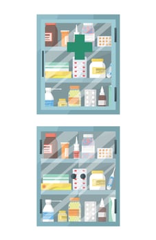 Icons of two first aid kits filled with medicines. Medicine and healthcare. vector