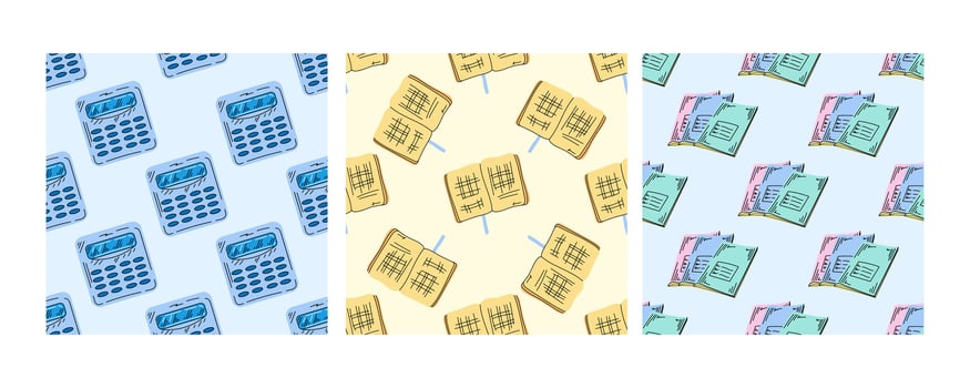 Seamless school patterns with calculators, open books, and graph papers in flat doodle style vector