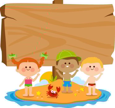 Kids at the beach background. Children at the beach on a summer island and blank wooden sign. vector