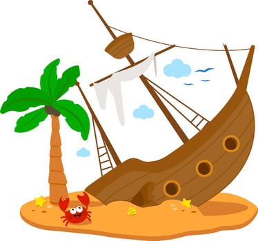 A broken ship on an island with a palm tree and a crab. Shipwreck on an island. Pirate ship on a summer treasure island at the beach. vector