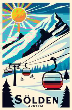 Solden, Austria Ski Travel Poster in retro style. Snowy mountains digital print vector