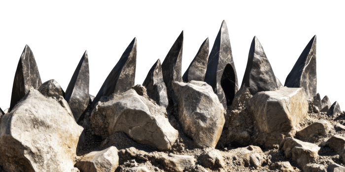 Jagged black rock formation with sharp edges isolated on transparent background png