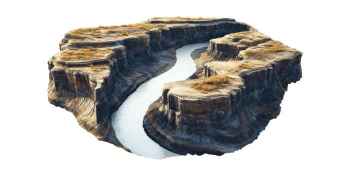 Grand canyon-like river and cliffs terrain isolated on transparent background png