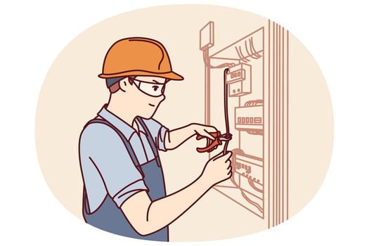 Man electrician repairs power shield and connects residential building or factory to electricity vector