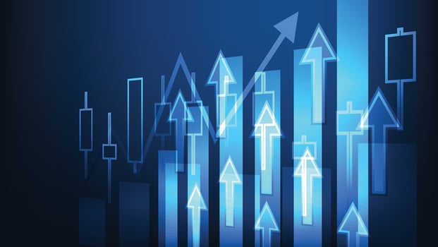 business bar chart with candlesticks stock market and arrow up on blue background vector