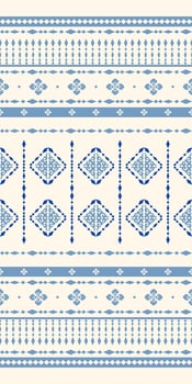 Nobel Exquisitely Motif Traditional Ornament Blue Silk Embroidery Weaves on Off White Background. Elegance Seamless Border Pattern with Ornate Florals Geometric Striped Decoration Precious Diamonds vector