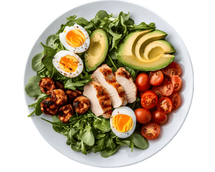 Chicken, Avocado, and Egg Salad with Cherry Tomatoes and Scallops png
