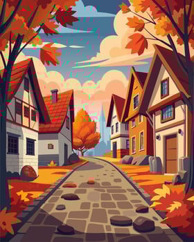 Cozy Cobblestone Road Through Charming Autumn Cottages in the Countryside vector