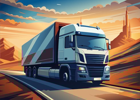 Colorful Illustration of a Large Truck Driving on a Highway at Sunset vector