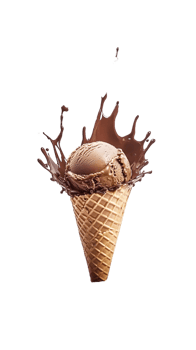 Chocolate Ice Cream Scoop in Waffle Cone with Chocolate Splash png