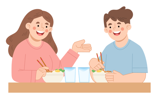 Illustration of a couple enjoying noodles together at the dining table png