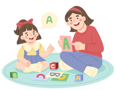Illustration of mother and daughter learning the alphabet png