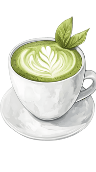 Digital Illustration of Matcha Latte in White Cup and Saucer png