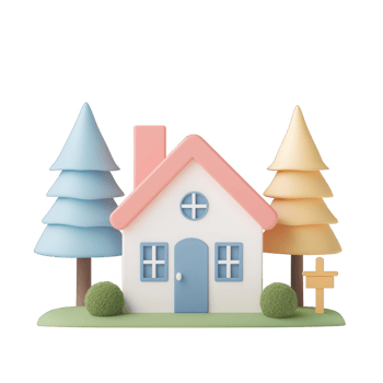 Colorful miniature house surrounded by trees, perfect for home and nature themes. png