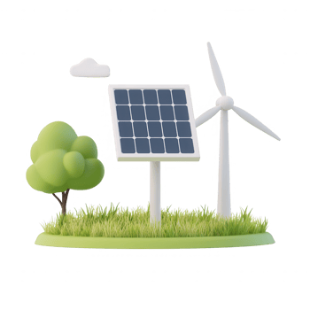 Solar panel and wind turbine symbolize sustainable energy and environmental protection. png
