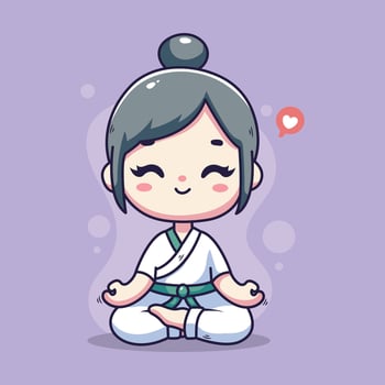 Cute kawaii girl meditating in lotus pose illustration. vector