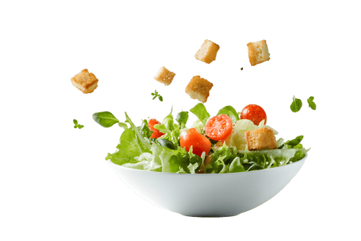 Green Salad with Cherry Tomatoes and Croutons in White Bowl png
