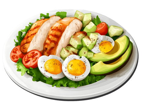 Grilled Chicken and Avocado Salad with Hard-Boiled Eggs and Tomatoes png