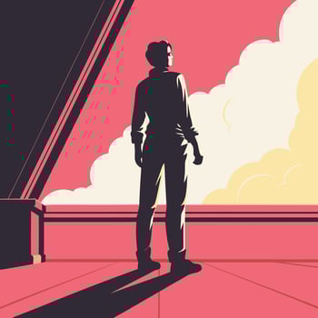 Contemplation on the Balcony Silhouette, Sunset, Clouds, Sky, View, Shadow, Pink, Balcony, Solitude, Hope vector