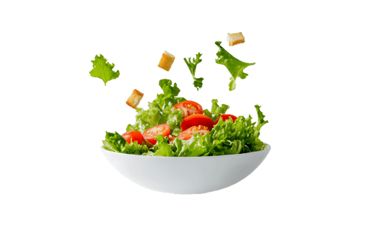 Lettuce, Tomato, and Crouton Salad in White Bowl png