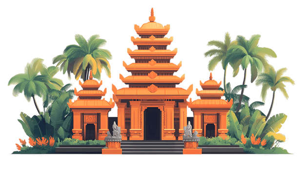 A hindu temple with palm trees and a path png
