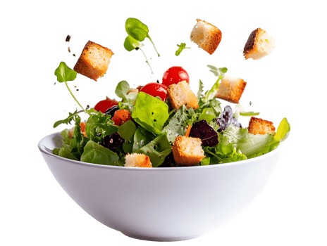 Mixed Green Salad with Cherry Tomatoes and Croutons in White Bowl png