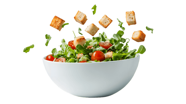 Salad with Cherry Tomatoes and Croutons in White Bowl png