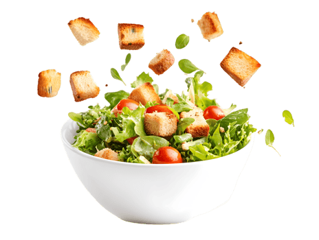 Salad with Croutons and Cherry Tomatoes in White Bowl png