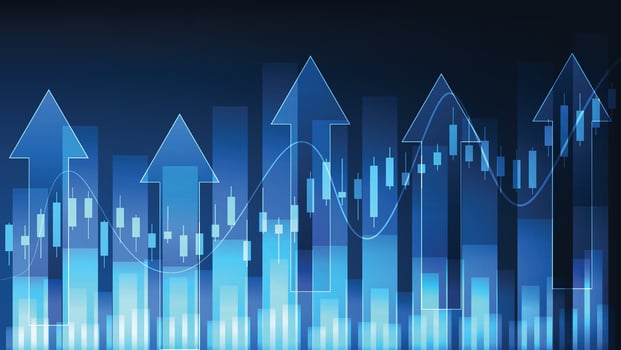 business and economy growth. candlesticks stock market and bar chart with arrow up on blue background vector