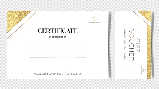 Minimalistic template for gift voucher. Set of gift certificates with gold glitter. Paper sheet for diploma, business, certificates, prizes and companies. vector