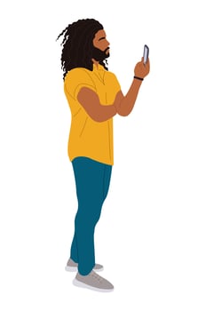 Authentic Business man holding smartphone, texting, talking, watching news. Handsome male character in casual clothes vector