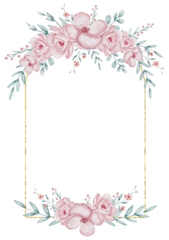 Watercolor floral Frame featuring pink roses and green leaves, complemented by golden lines. Illustration of Floral wreath for wedding invitations, childish greeting cards, or elegant templates. vector