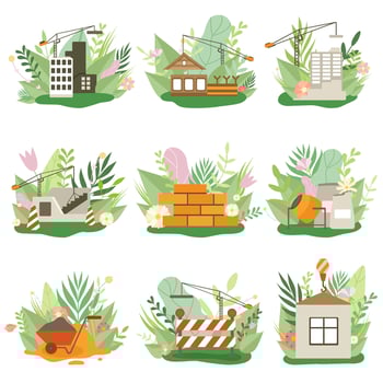 Construction Process Set, Houses under Construction, Building Equipment in Spring or Summer Season with Blooming Flowers and Leaves Illustration vector