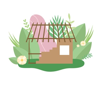 Process of Building Wooden Country House, Small Cottage under Construction in Spring or Summer Season with Blooming Flowers and Leaves Illustration vector